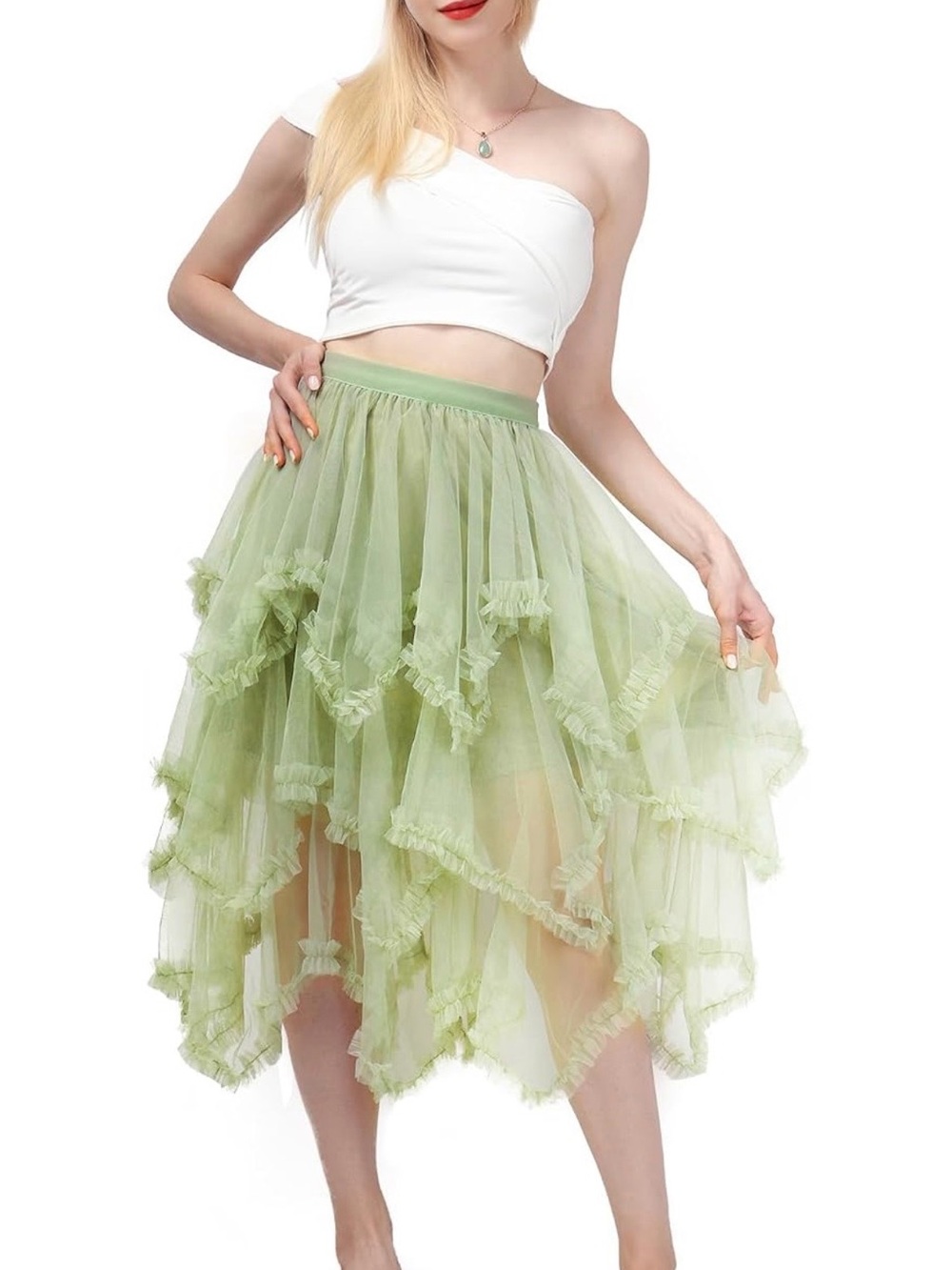 Women's Light Green High-Low Layered Tulle Skirt